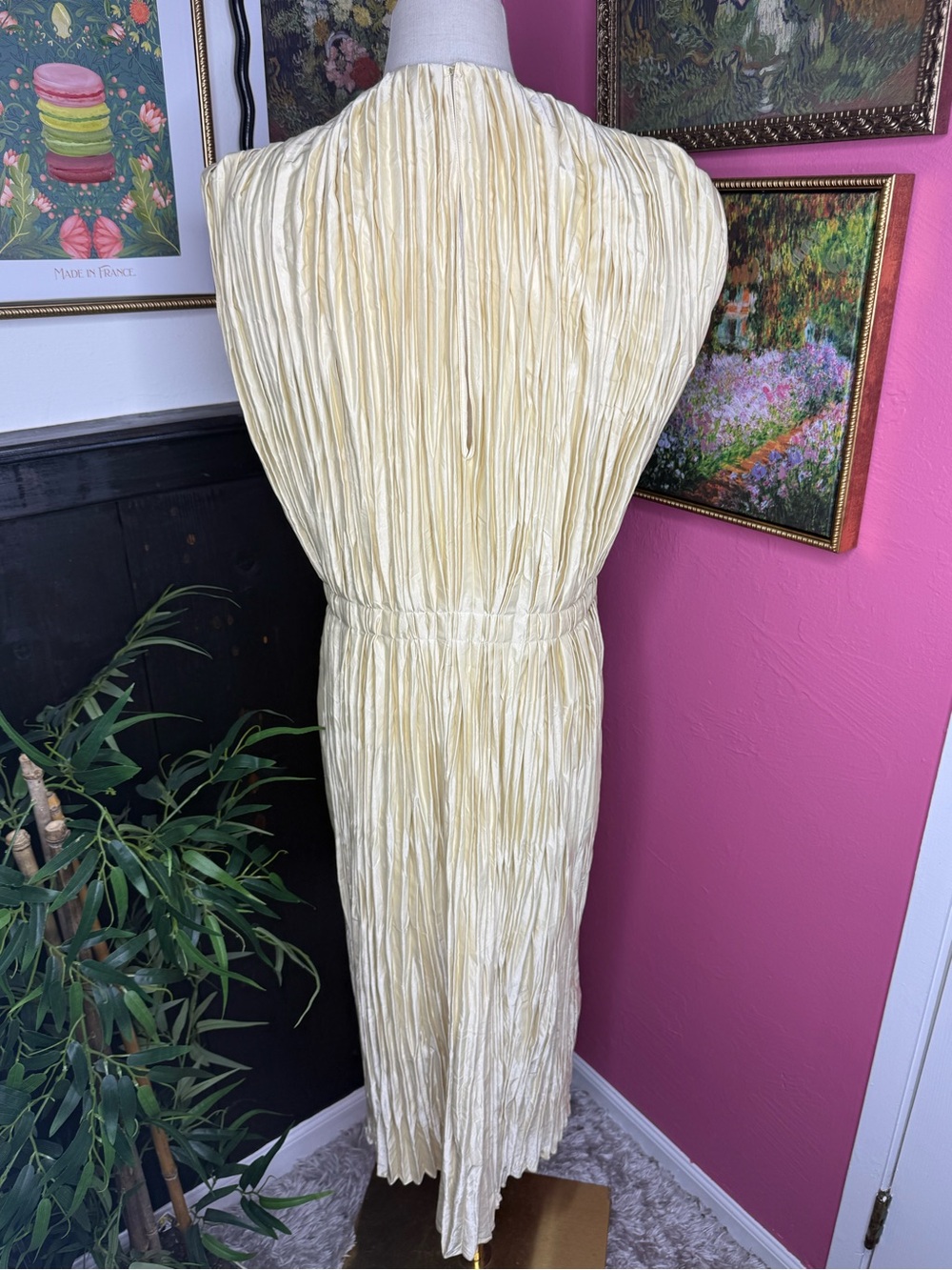 NEW JIL SANDER Cream Plissé Satin Pleated Midi Dress Sz US 4 - Picture 8 of 14